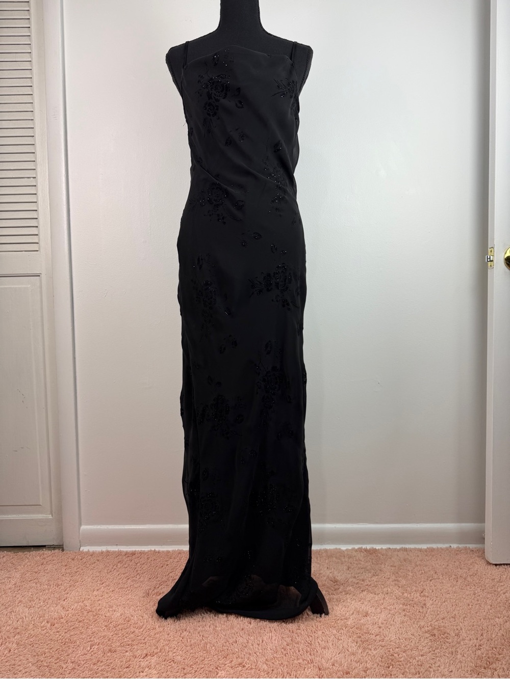 VTG City Triangles Prom Dress 90s Y2K Black Mesh Rose Vine Fairy Whimsigoth